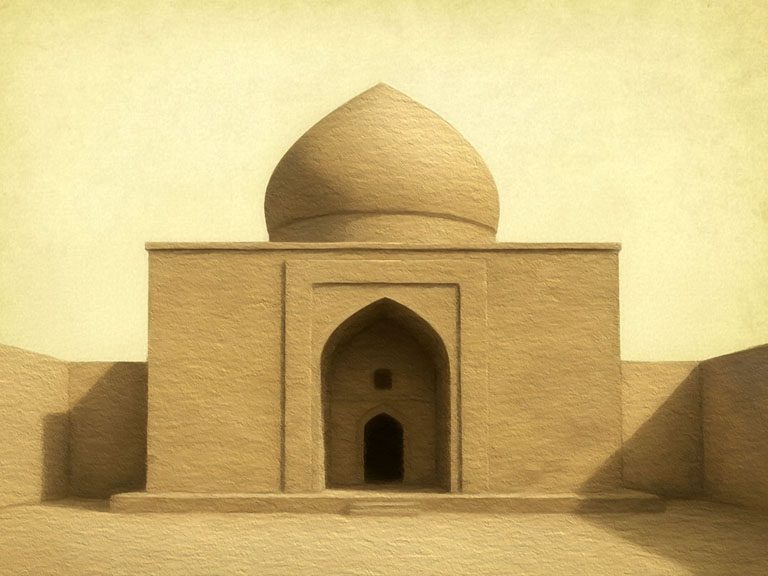 Representación histórica de la cúpula de cuatro lados del santuario del Imam Alí en el siglo X