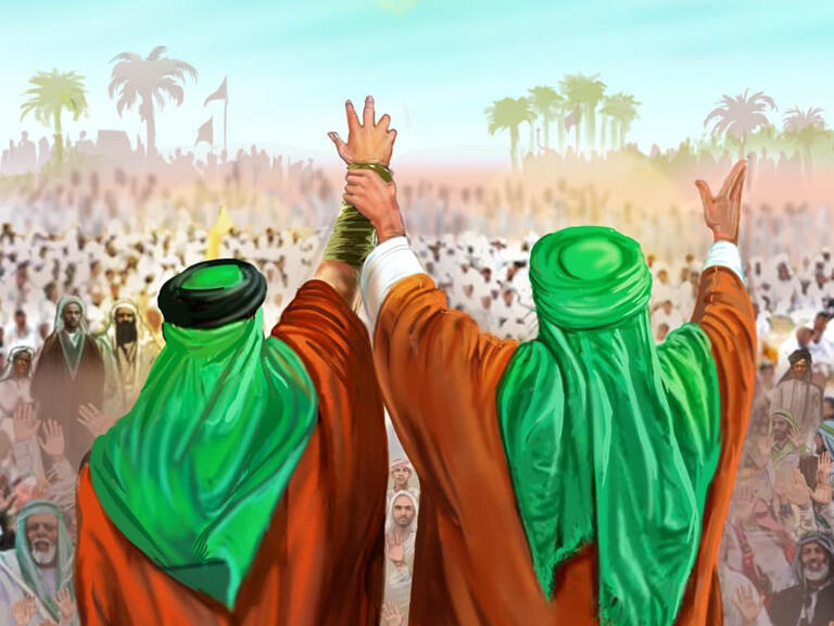 El Profeta Muhammad (P) levanta la mano de Ali en Ghadir mientras los opositores lo acusan de locura y el arcángel Gabriel desciende con la aleya «وَإِن یَکَادُ».