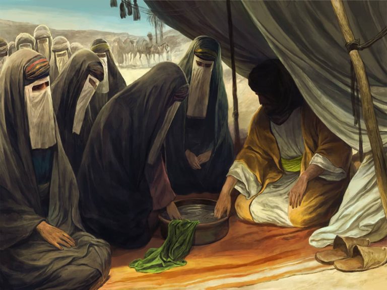 Las mujeres prestan juramento de lealtad al Príncipe de los Creyentes Ali ibn Abi Talib en Ghadir mediante un recipiente con agua y una cortina.