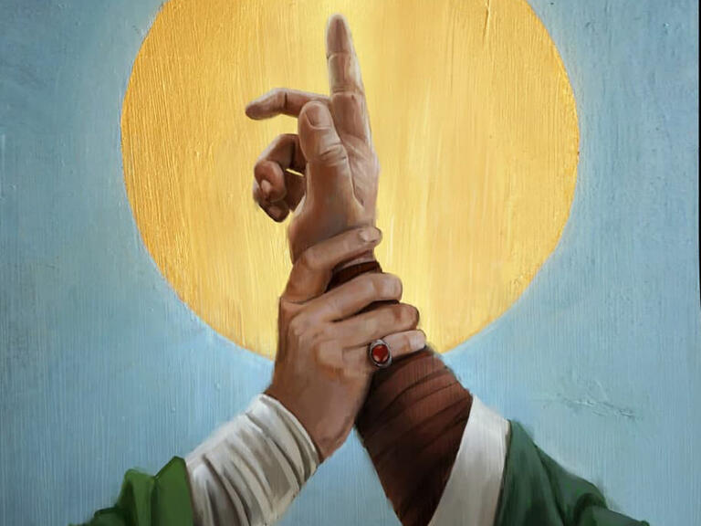 El Profeta Muhammad (P) y el Príncipe de los Creyentes Ali (P) en una representación celestial, con ángeles alrededor, simbolizando el orgullo de Dios por la existencia de Ali.