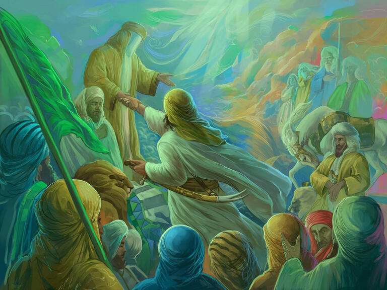 El Profeta Muhammad (P) recita aleyas del Corán durante el sermón de Ghadir mientras levanta la mano de Ali ibn Abi Talib (P) para proclamar su wilayah.