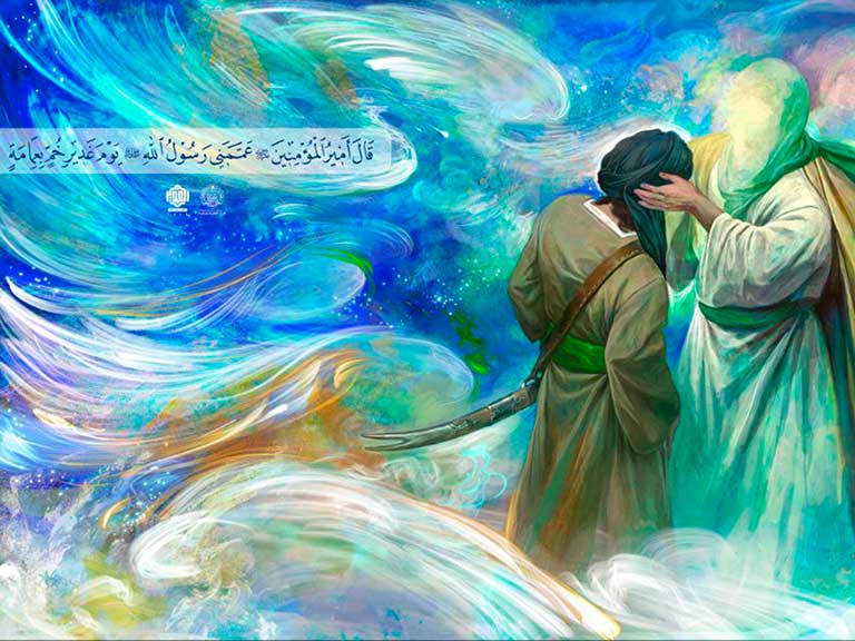 El Profeta Muhammad (P) coloca su turbante as-Sahab sobre la cabeza del Príncipe de los Creyentes Ali ibn Abi Talib en el día de Ghadir como símbolo de sucesión.
